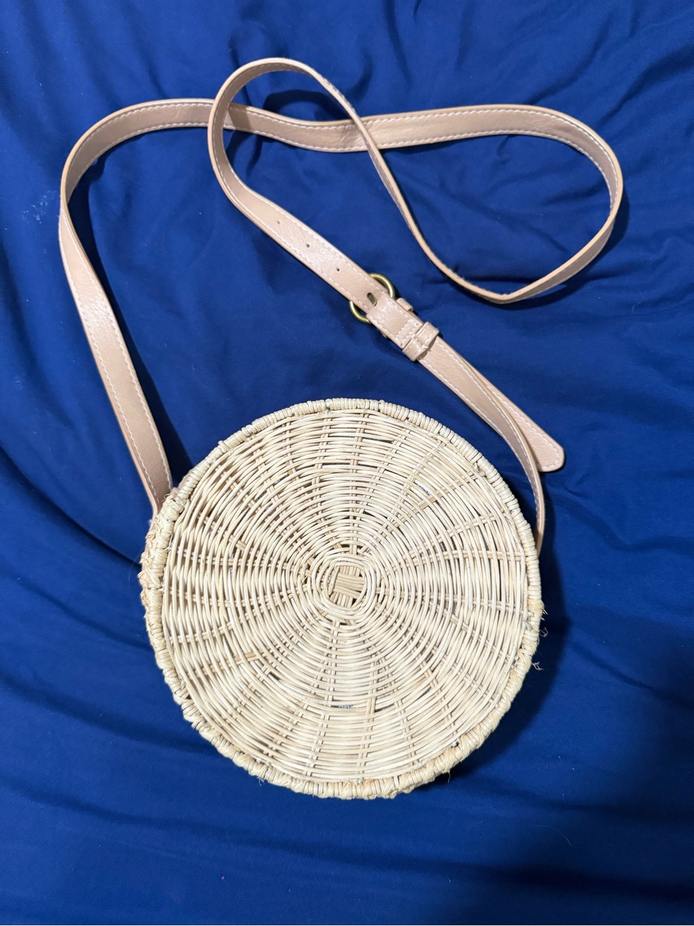 Target Round Woven Crossbody Bag with Blush Strap - Natural